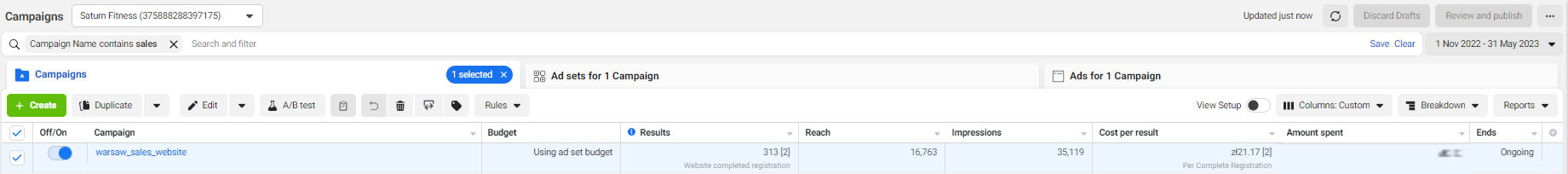 Facebook Ads Manager — Saturn Fitness sales campaign: 313 website registrations at 21.17 zł each